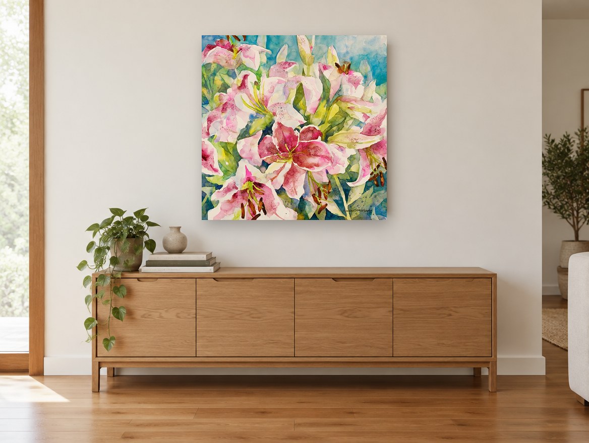 Pink Lily Cluster floral canvas print on the wall of a living room above a sideboard