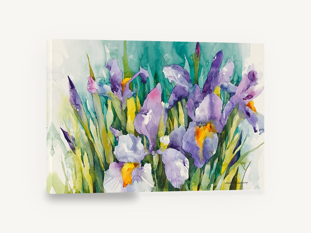 Iris Garden Teal, purple iris watercolour floral painting, floral canvas wall art print ready to hang