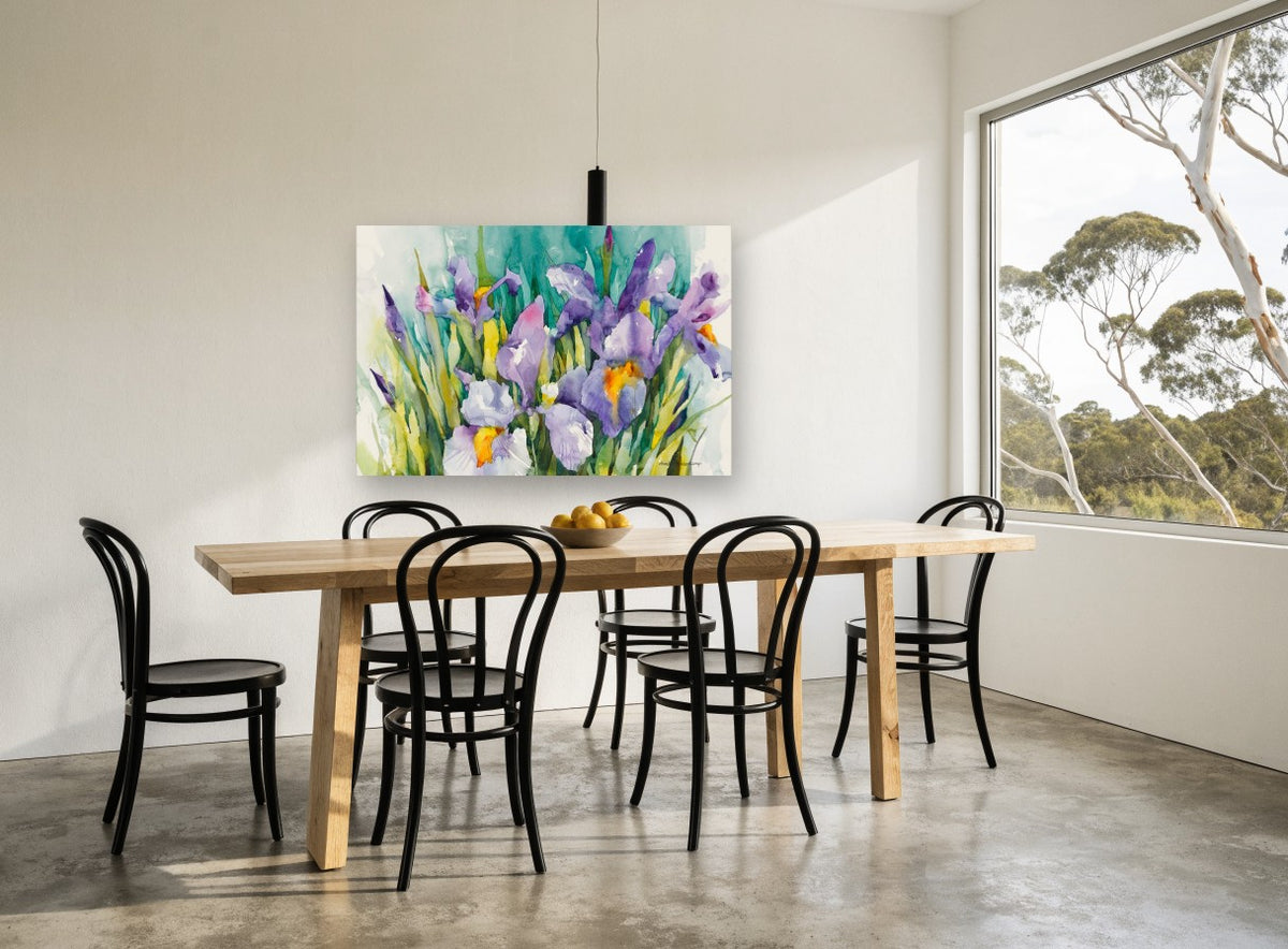 Iris Garden Teal floral canvas print on the wall of a dining room