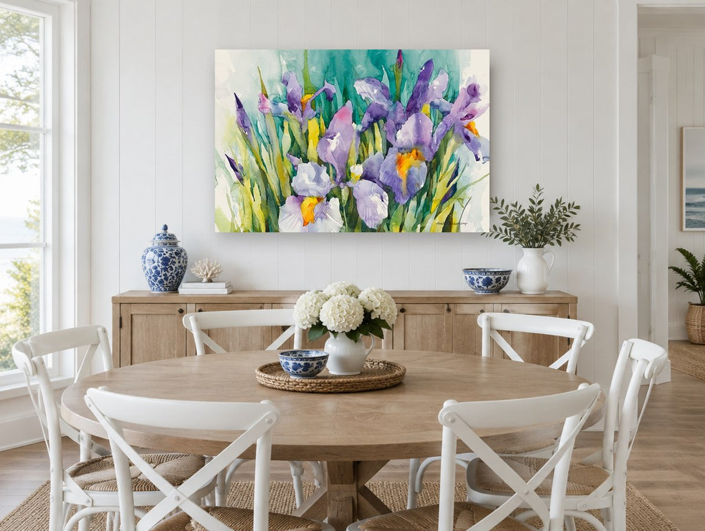 Iris Garden Teal floral canvas print on the wall of a Hamptons dining room