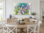 Iris Garden Teal floral canvas print on the wall of a Hamptons dining room