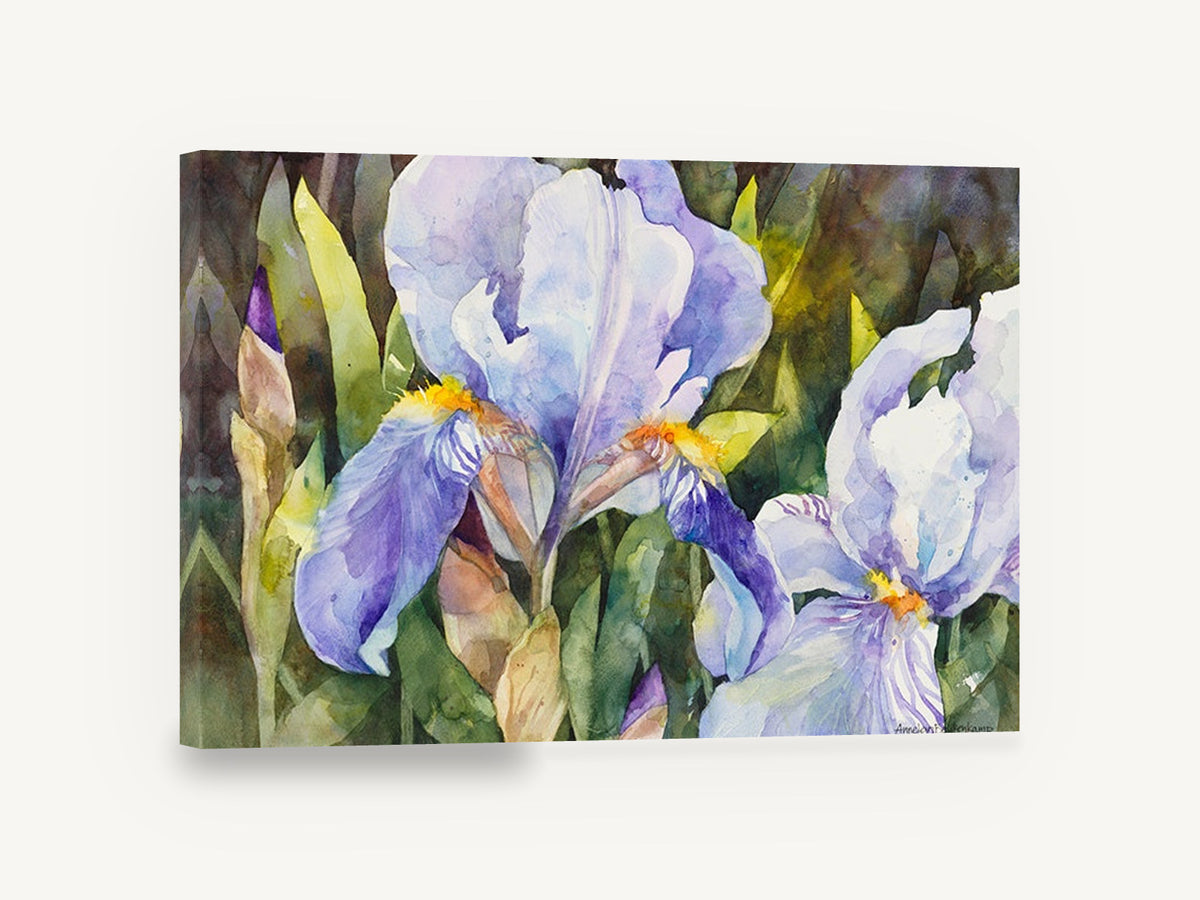 Lilac Iris Garden, purple iris watercolour floral painting, floral canvas wall art print ready to hang