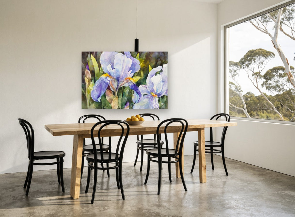 Lilac Iris Garden floral canvas print on the wall of a dining room