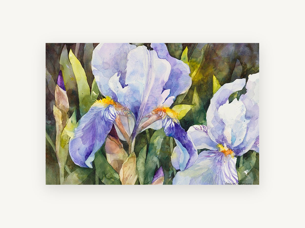 Lilac Iris Garden, floral canvas wall art print, front view