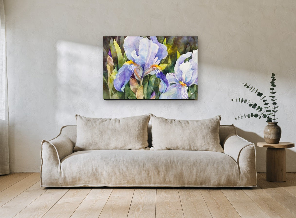 Lilac Iris Garden floral canvas print on the wall of a living room