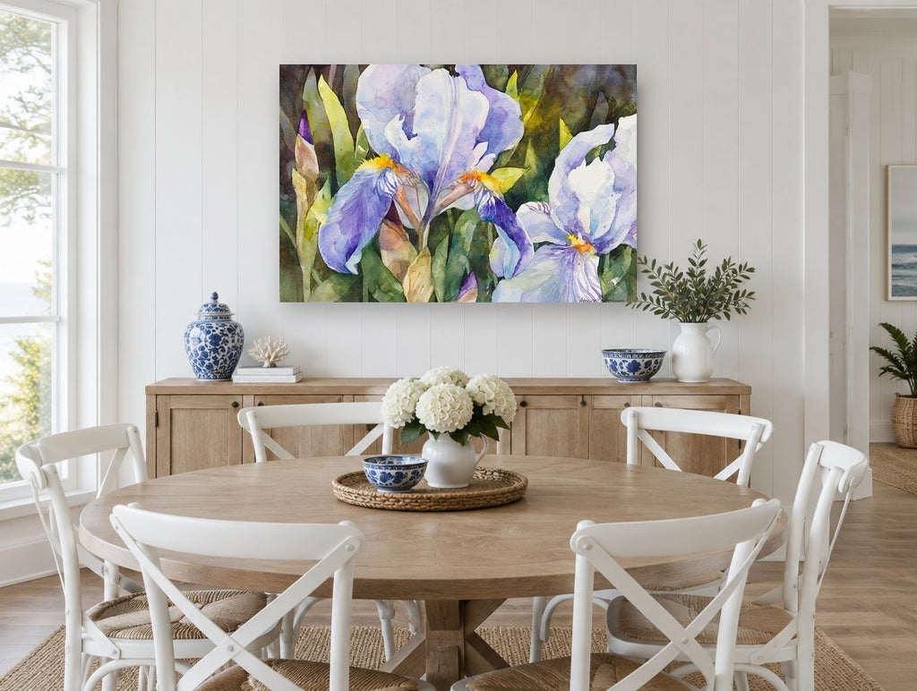 Lilac Iris Garden floral canvas print on the wall of a Hamptons dining room