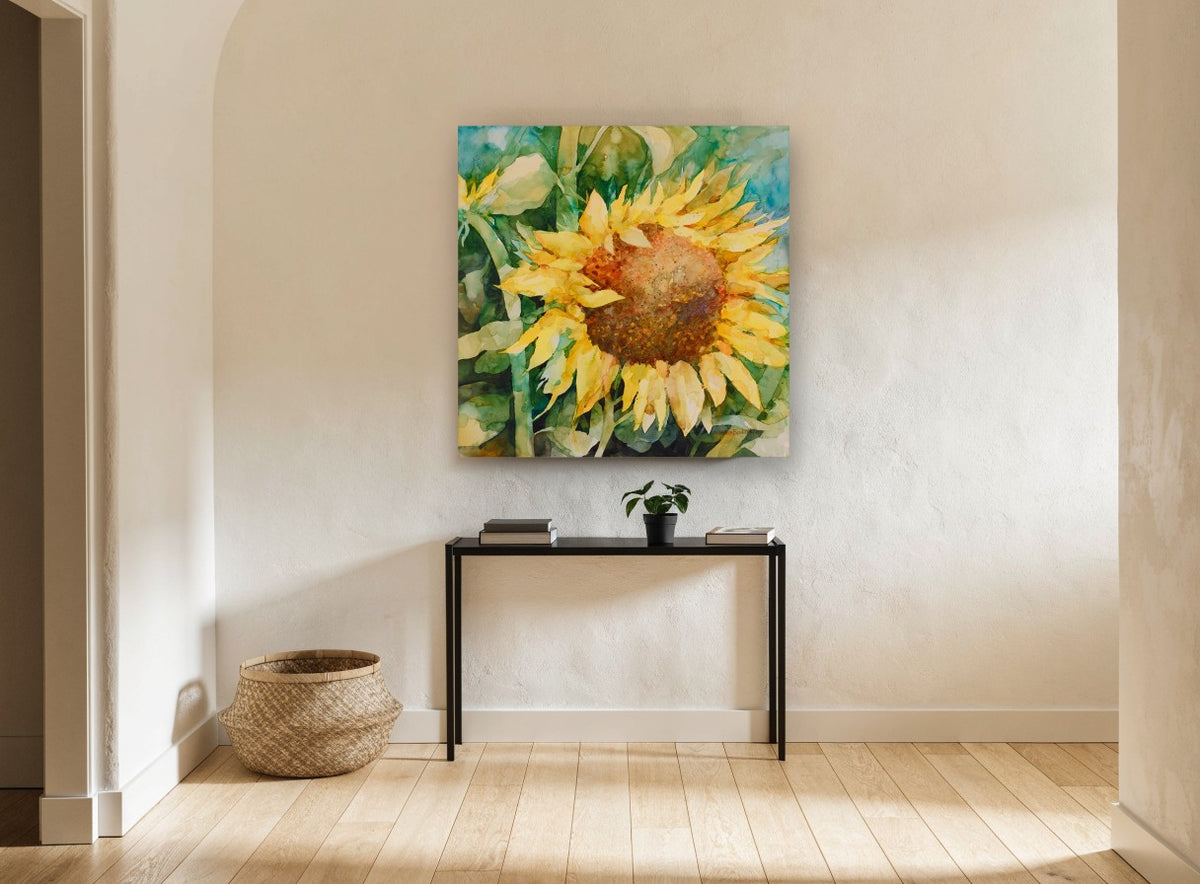 Sunflower in Full Face floral canvas print on the wall of a hallway