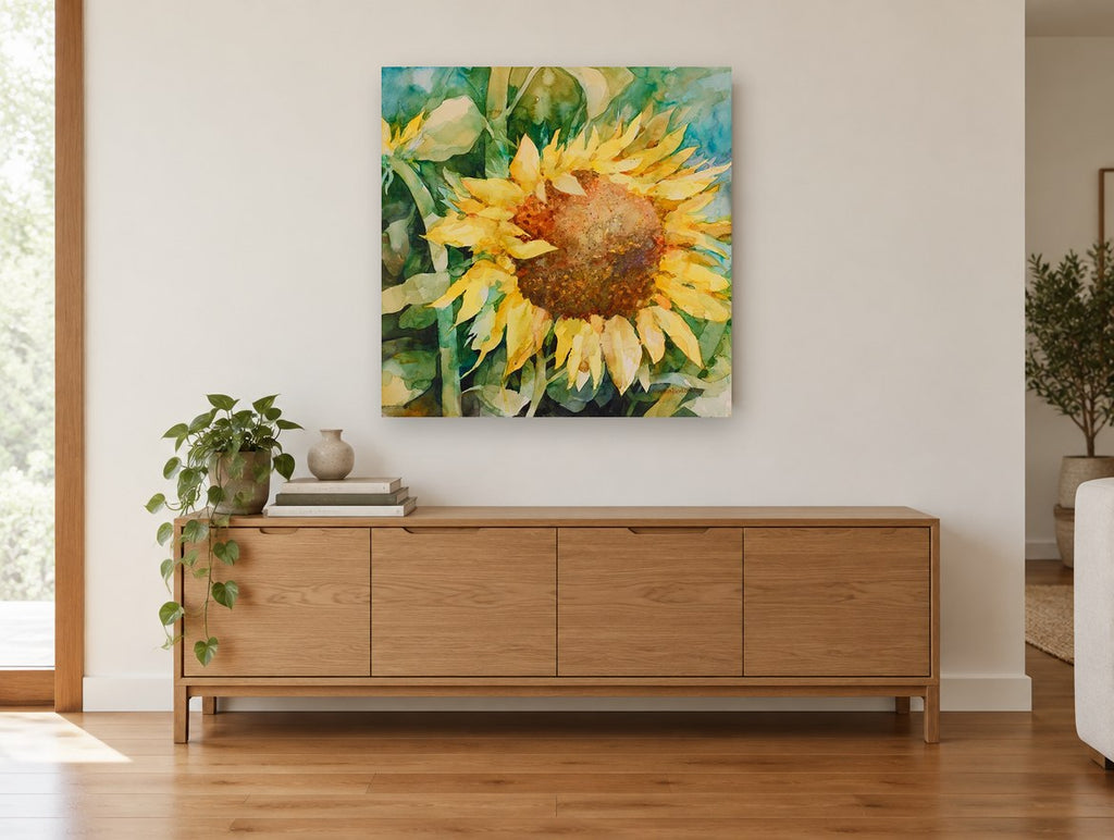 Sunflower in Full Face floral canvas print on the wall of a living room above a sideboard