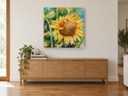 Sunflower in Full Face floral canvas print on the wall of a living room above a sideboard