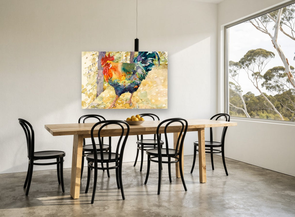Rooster by the Wire animal canvas print on the wall of a dining room