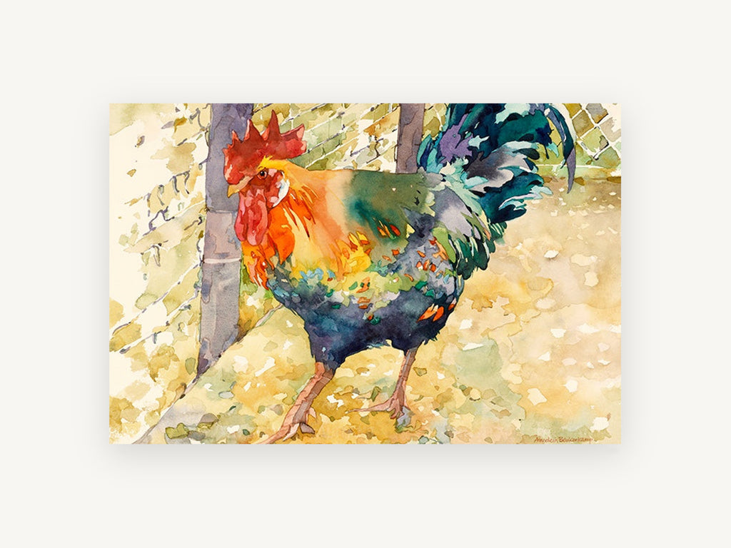 Rooster by the Wire, colourful rooster watercolour portrait, animal canvas wall art print, front view