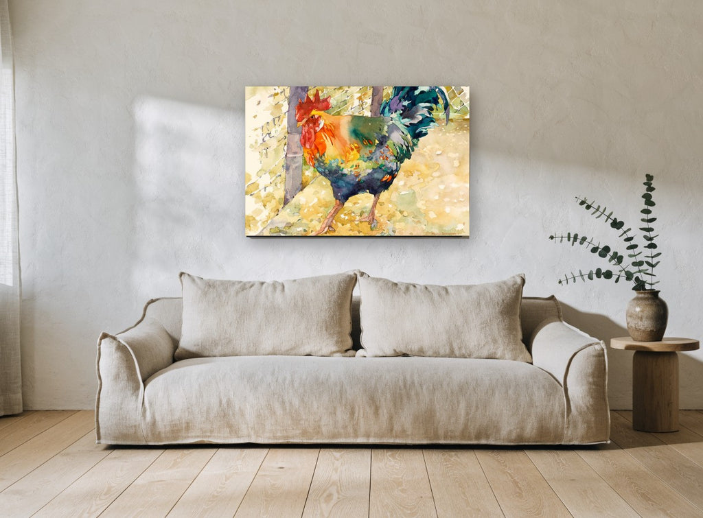 Rooster by the Wire animal canvas print on the wall of a living room