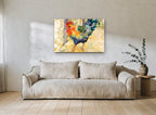 Rooster by the Wire animal canvas print on the wall of a living room