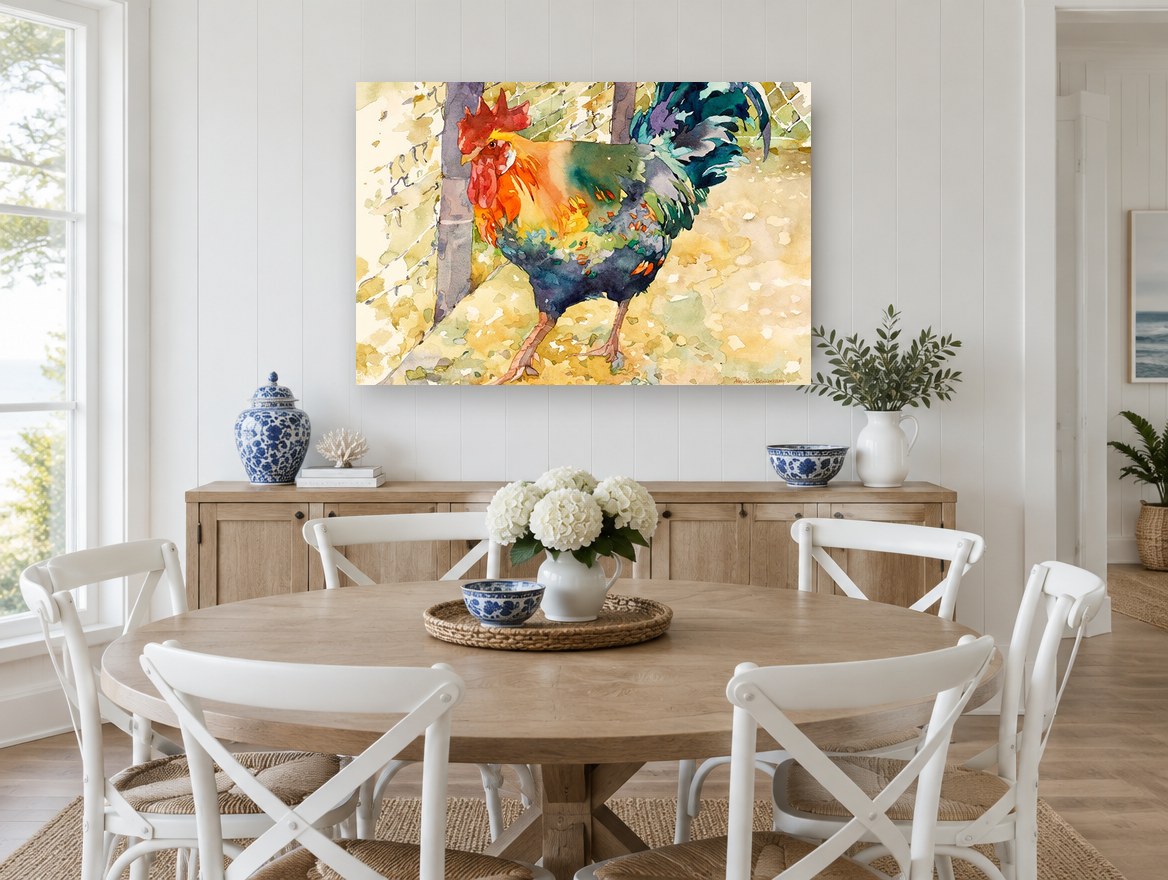 Rooster by the Wire animal canvas print on the wall of a Hamptons dining room