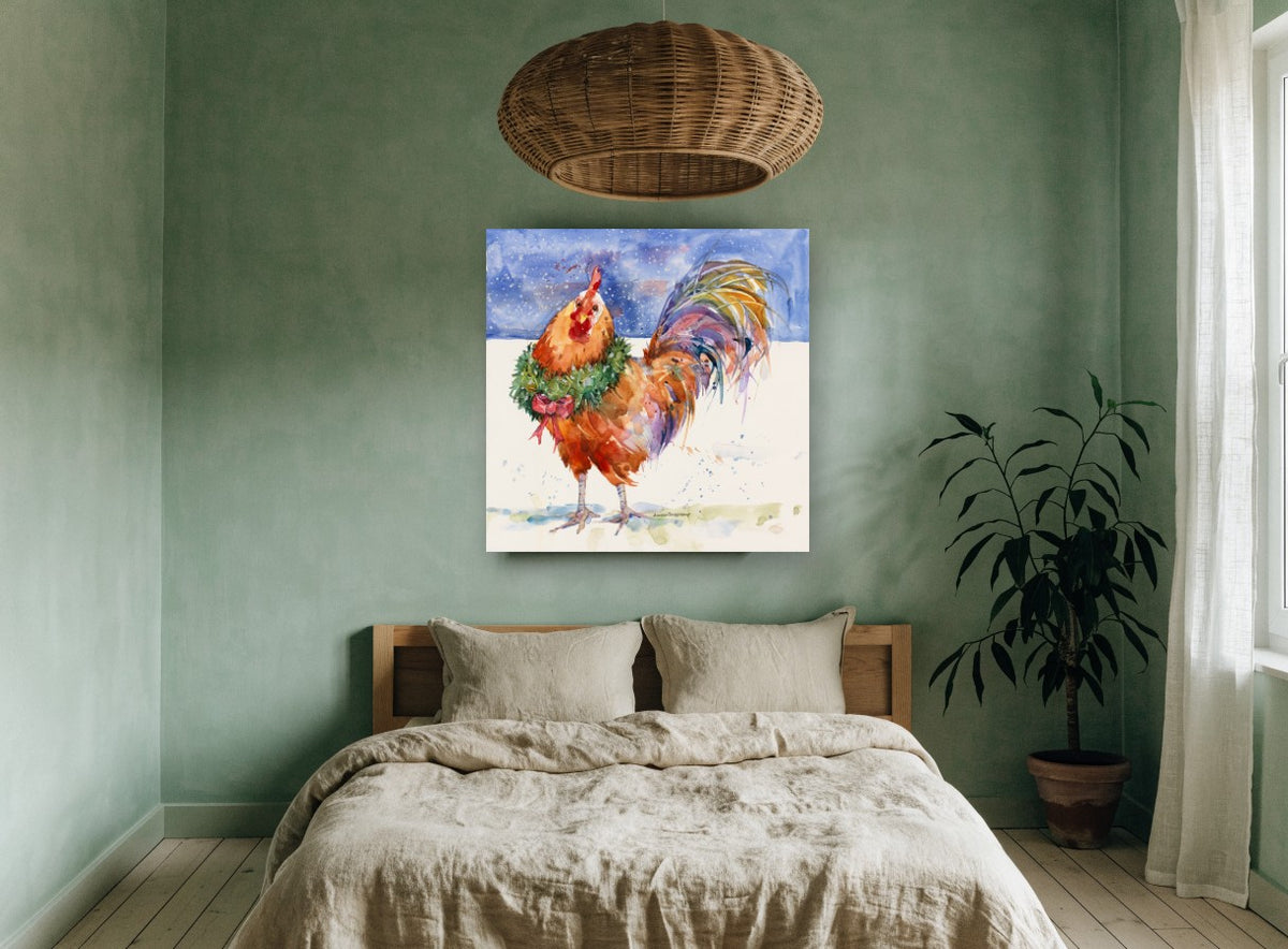 Wreathed Snow Rooster animal canvas print on the wall of a bedroom