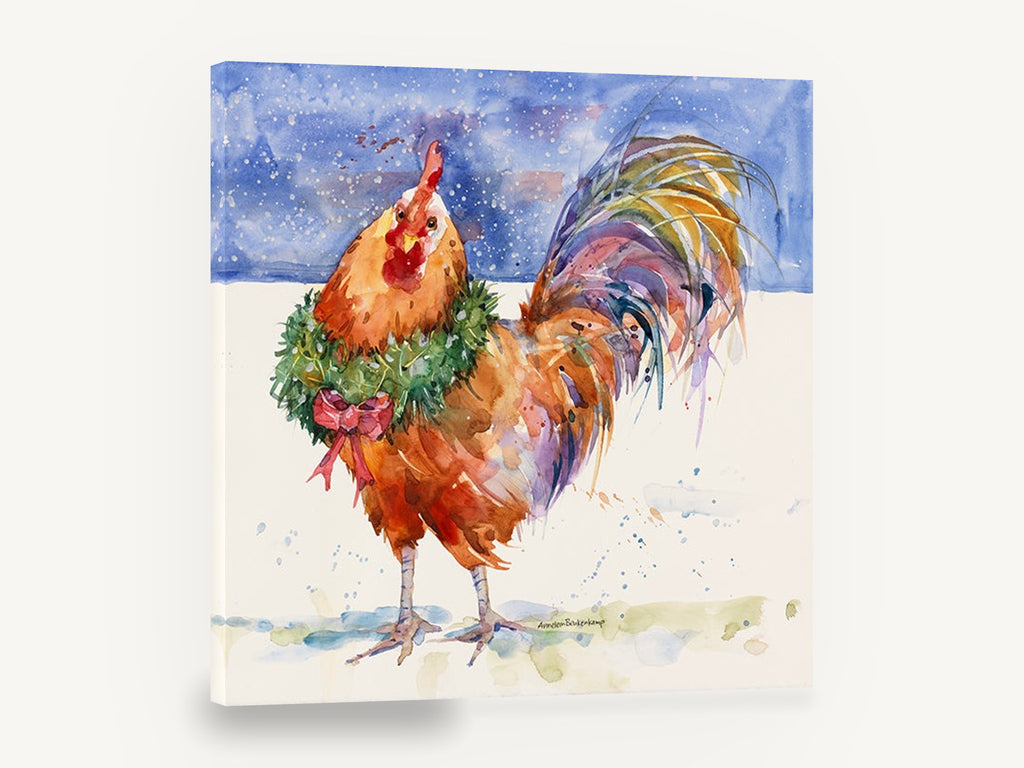 Wreathed Snow Rooster, christmas rooster watercolour, animal canvas wall art print ready to hang