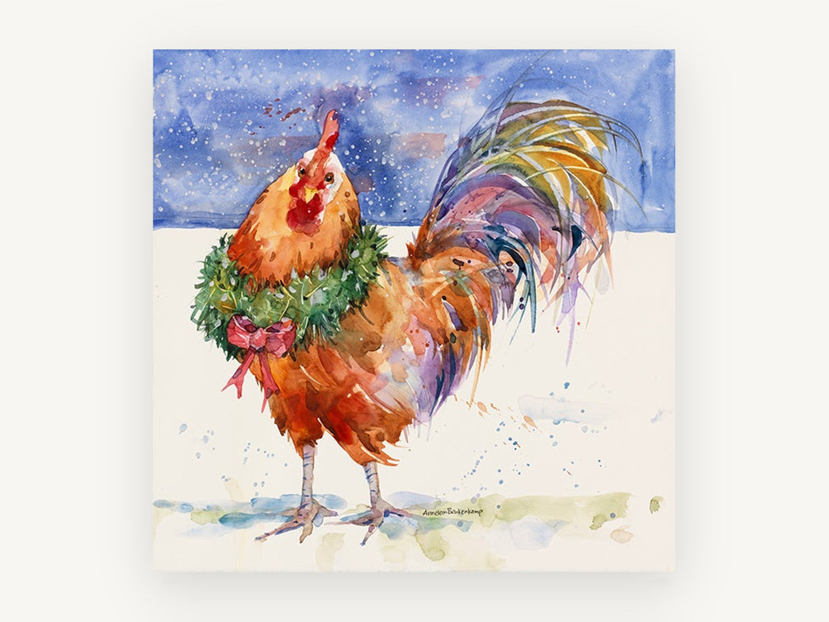 Wreathed Snow Rooster, christmas rooster watercolour, animal canvas wall art print, front view
