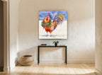 Wreathed Snow Rooster animal canvas print on the wall of a hallway