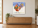 Wreathed Snow Rooster animal canvas print on the wall of a living room above a sideboard