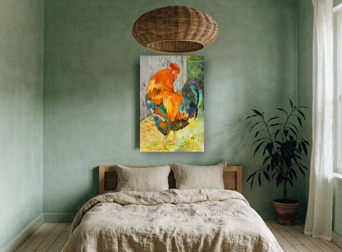 Barnyard Rooster Glow animal canvas print on the wall of a bedroom