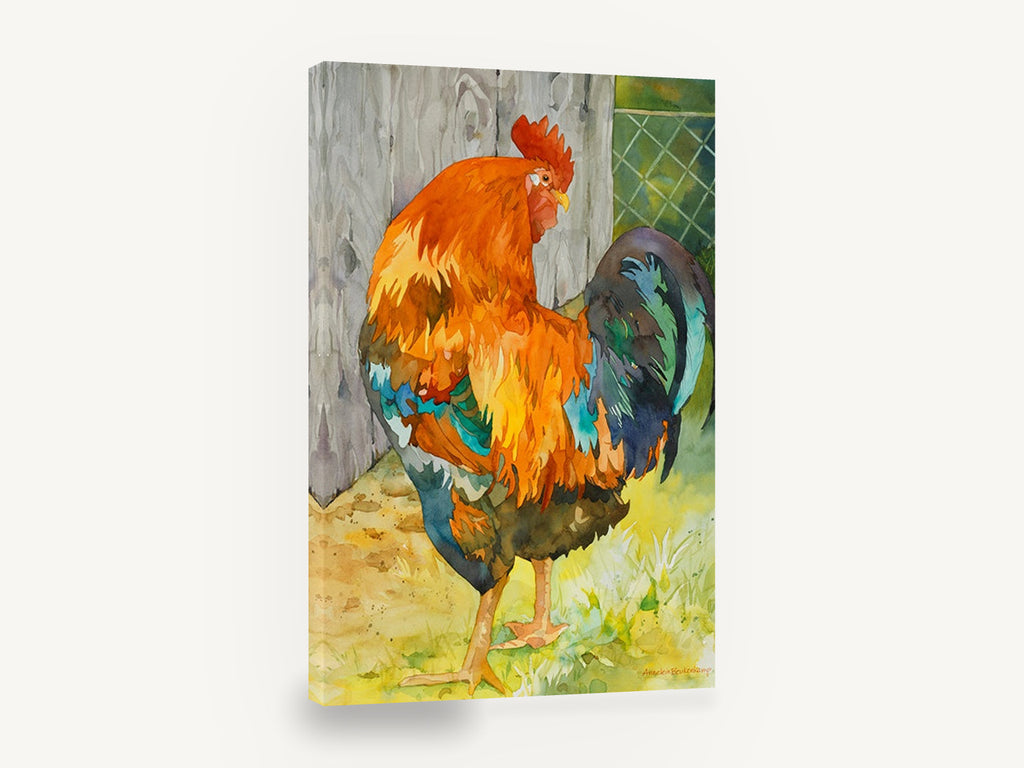 Barnyard Rooster Glow, orange rooster watercolour portrait, animal canvas wall art print ready to hang