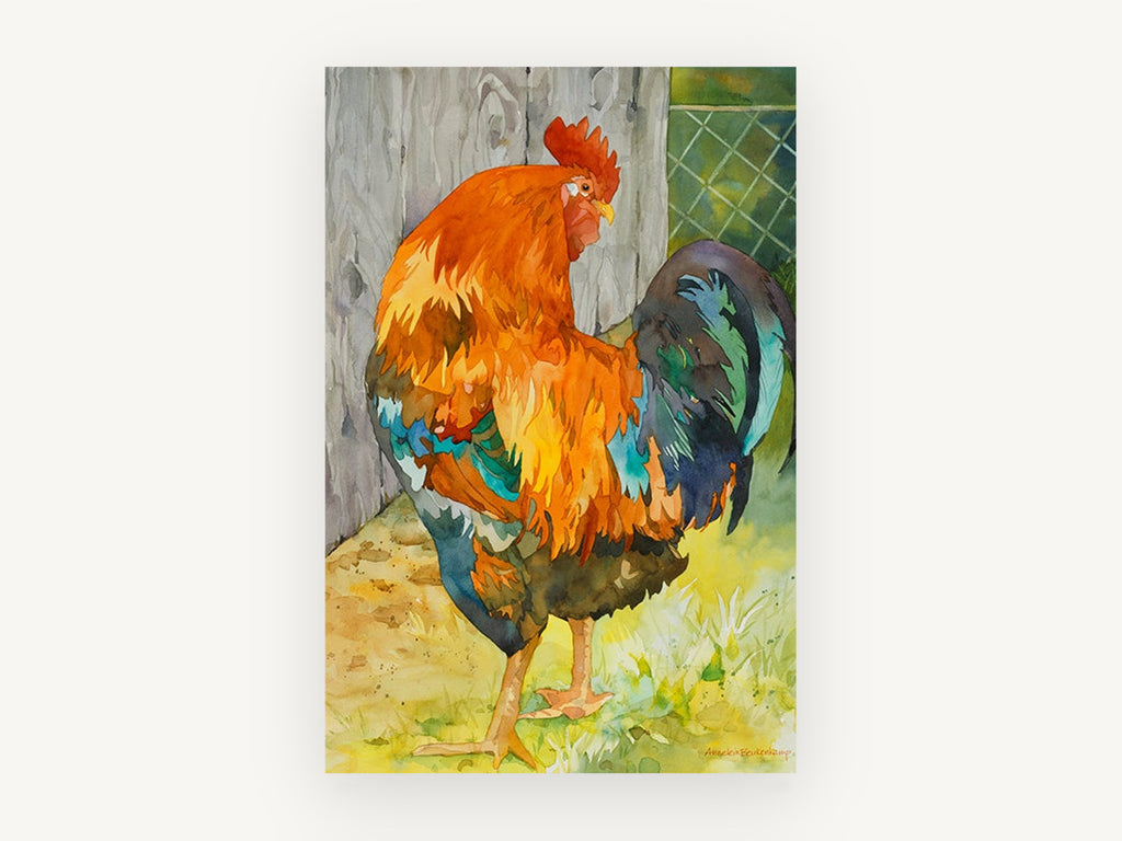 Barnyard Rooster Glow, orange rooster watercolour portrait, animal canvas wall art print, front view