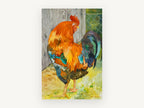 Barnyard Rooster Glow, orange rooster watercolour portrait, animal canvas wall art print, front view