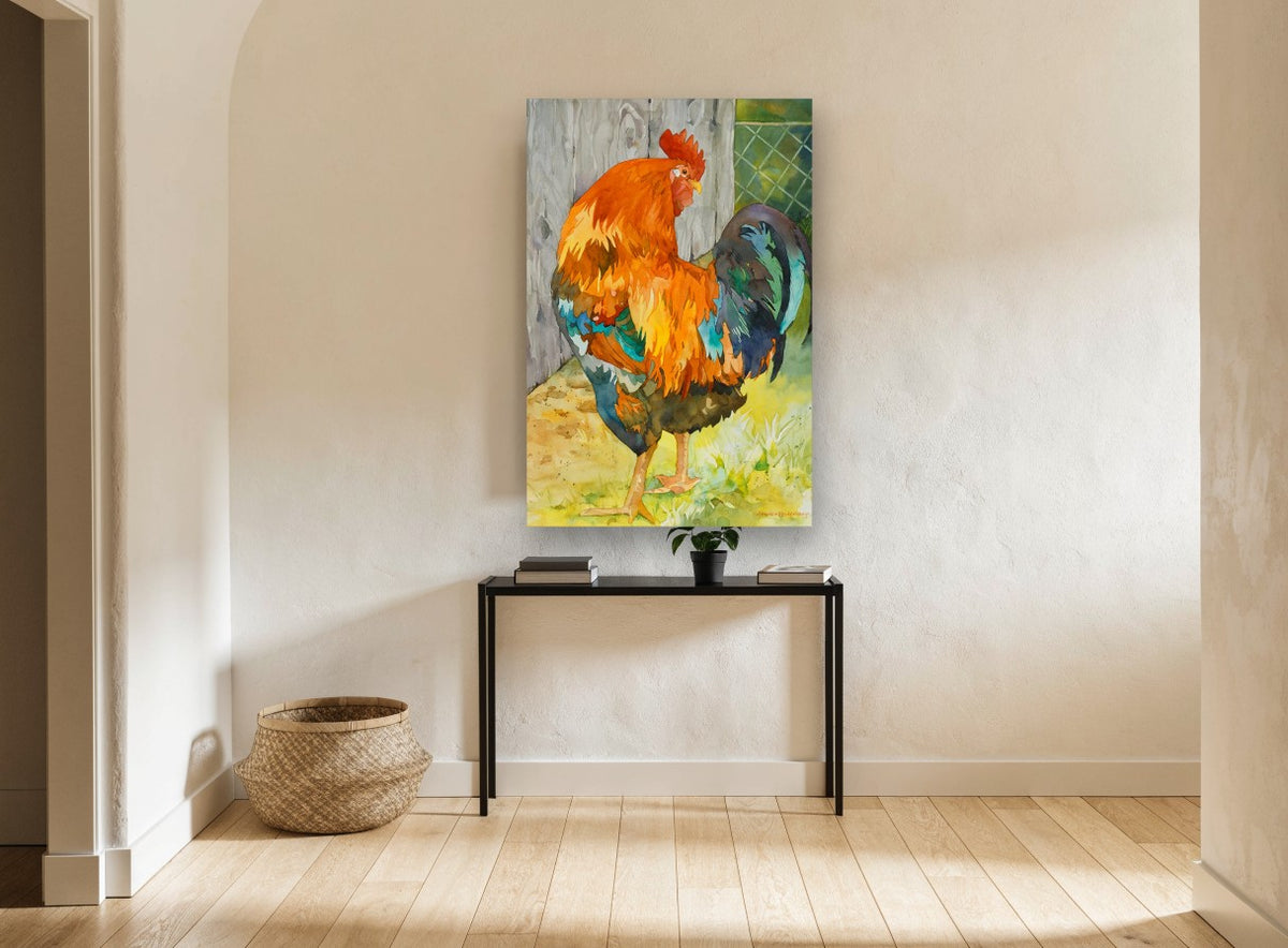 Barnyard Rooster Glow animal canvas print on the wall of a hallway