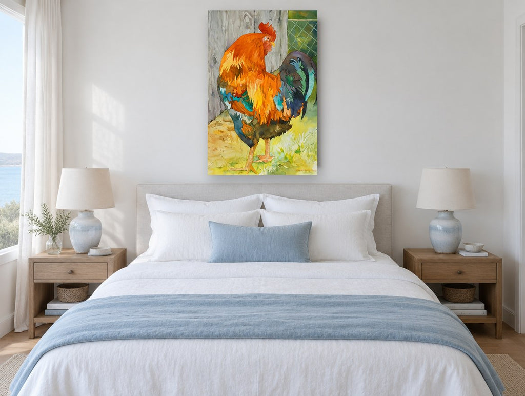 Barnyard Rooster Glow animal canvas print on the wall of a bedroom