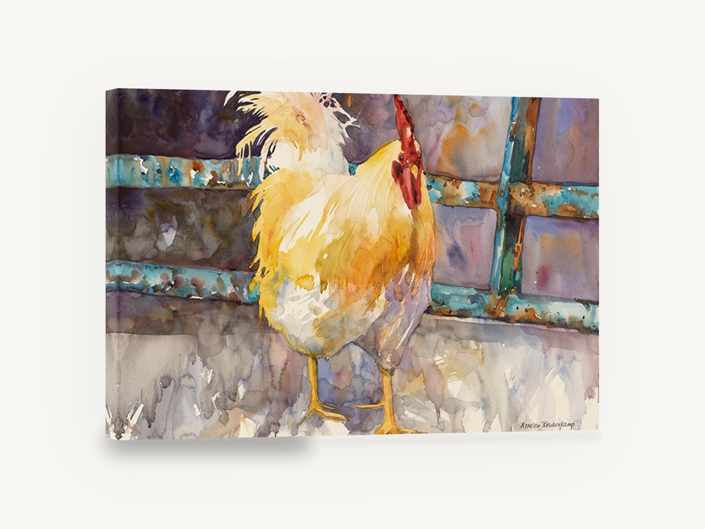 Golden Rooster at the Gate, yellow rooster watercolour portrait, animal canvas wall art print ready to hang
