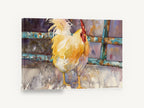 Golden Rooster at the Gate, yellow rooster watercolour portrait, animal canvas wall art print ready to hang