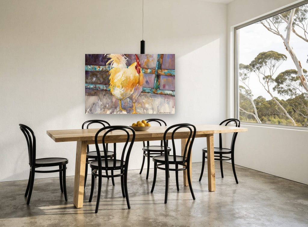 Golden Rooster at the Gate animal canvas print on the wall of a dining room