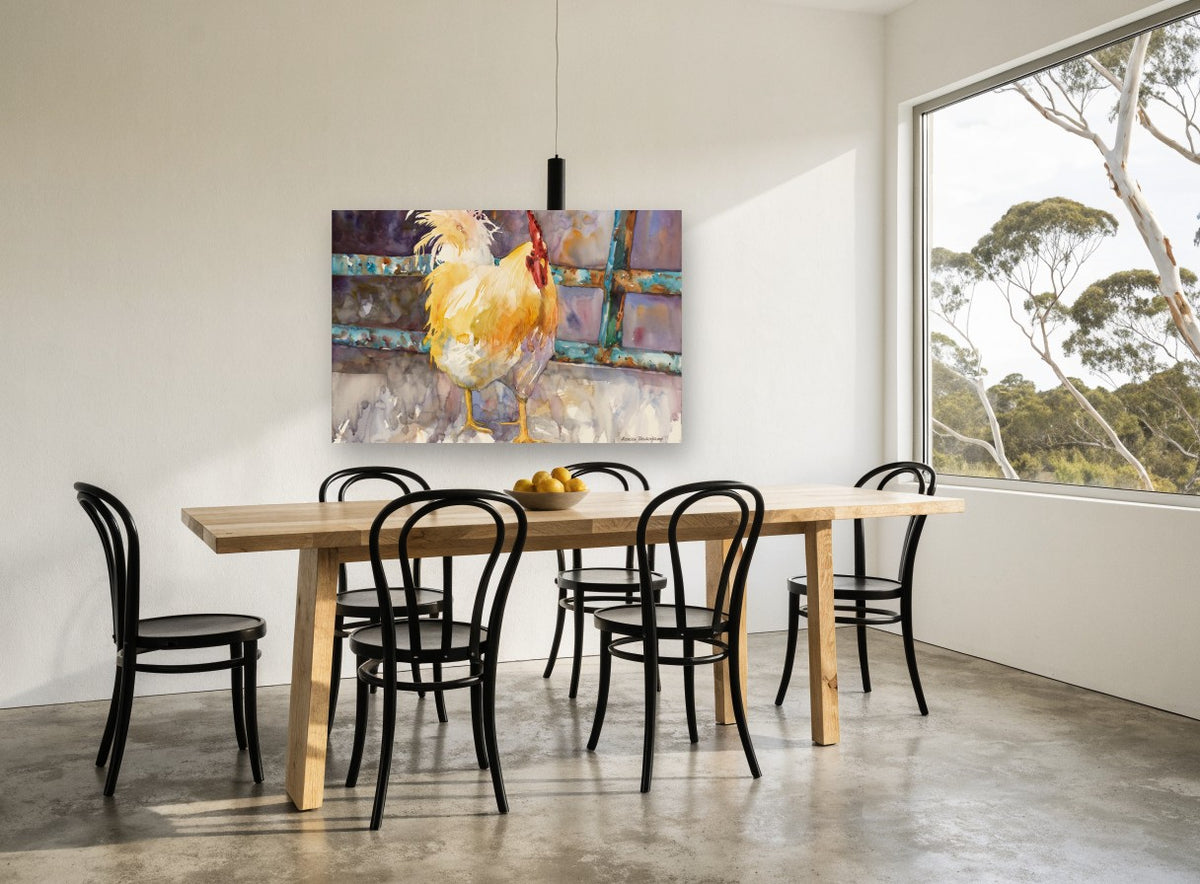 Golden Rooster at the Gate animal canvas print on the wall of a dining room