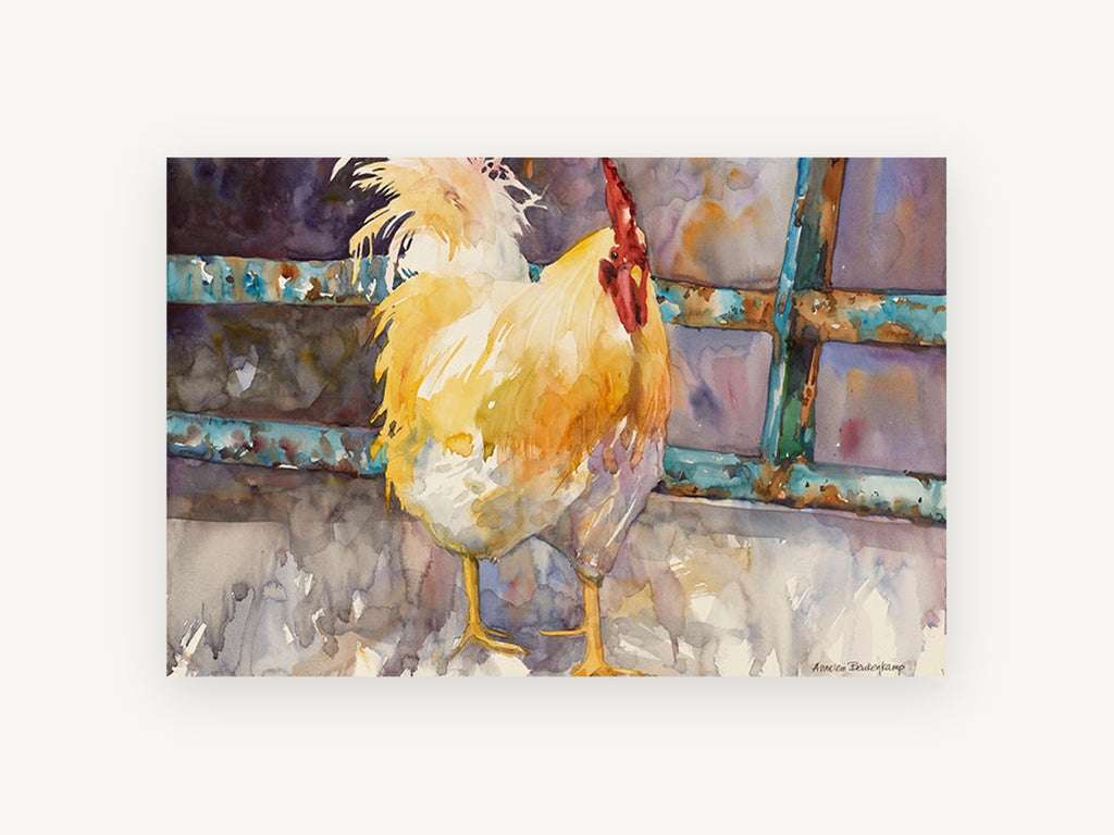 Golden Rooster at the Gate, yellow rooster watercolour portrait, animal canvas wall art print, front view