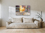 Golden Rooster at the Gate animal canvas print on the wall of a living room