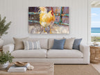 Golden Rooster at the Gate animal canvas print on the wall of a beach house living room