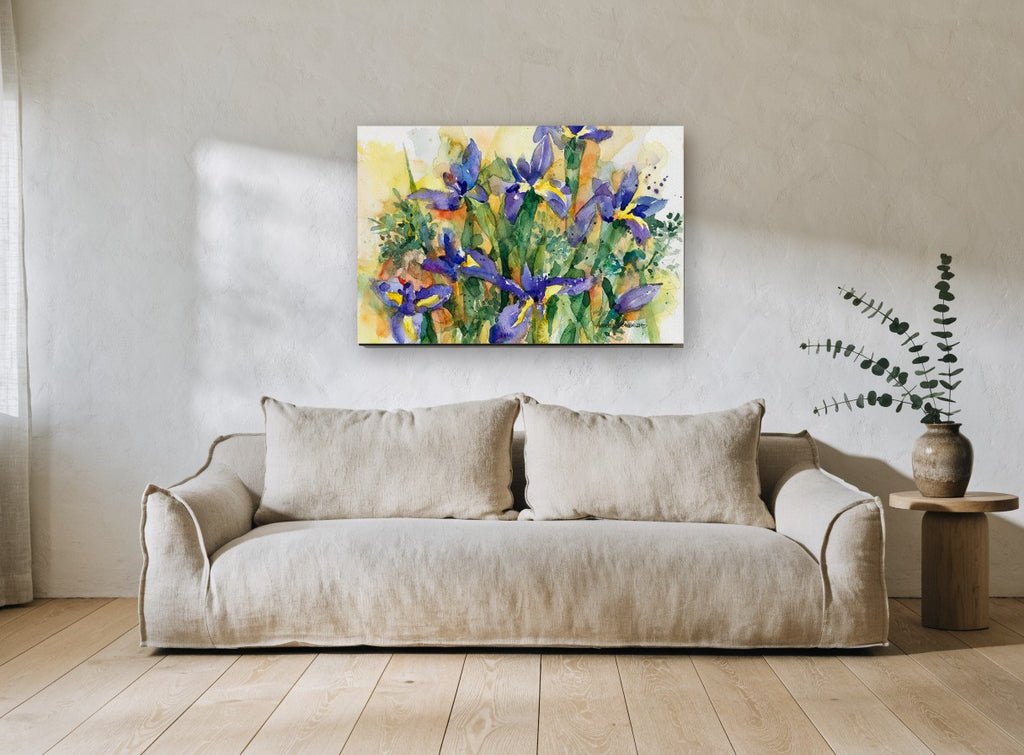Iris Garden Bloom floral canvas print on the wall of a living room