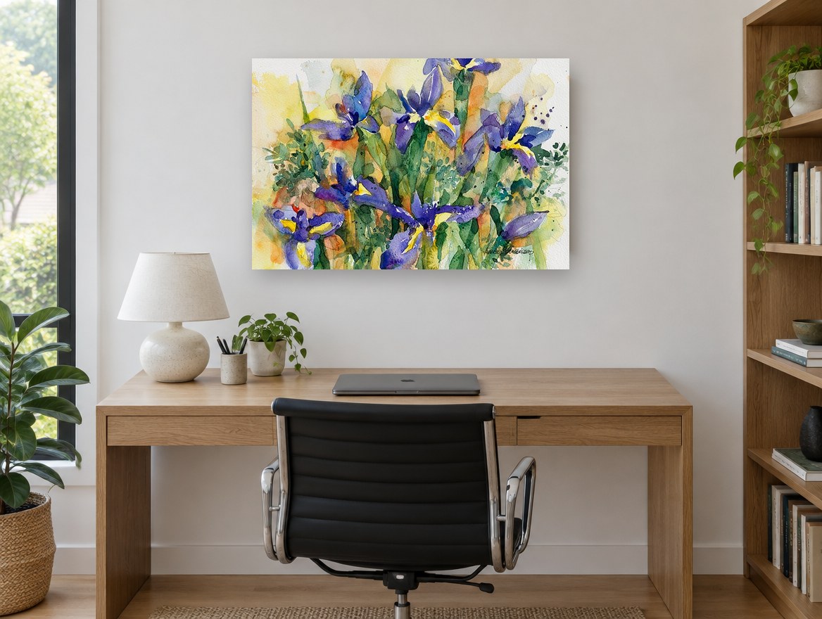 Iris Garden Bloom floral canvas print on the wall of a study