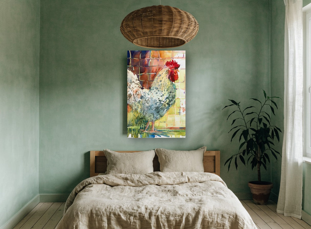 Speckled Rooster Profile animal canvas print on the wall of a bedroom