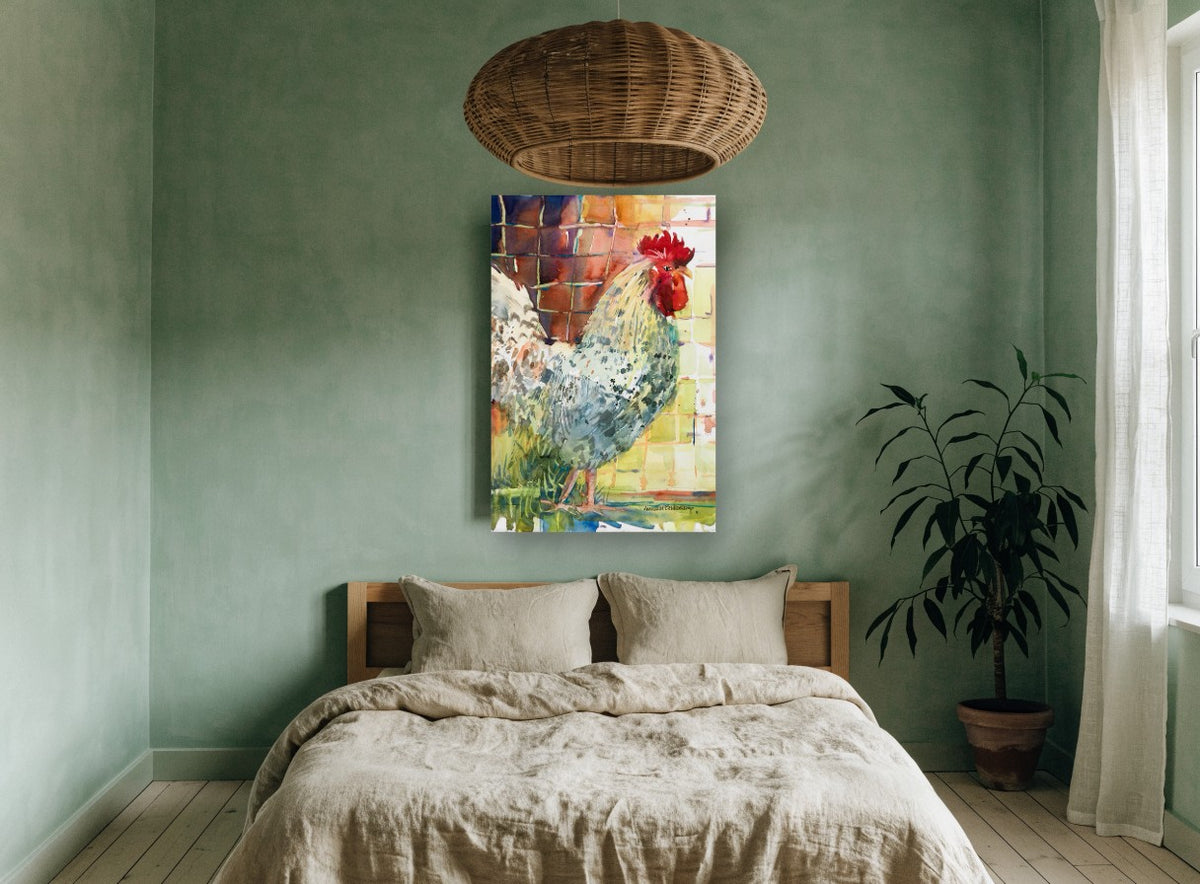 Speckled Rooster Profile animal canvas print on the wall of a bedroom