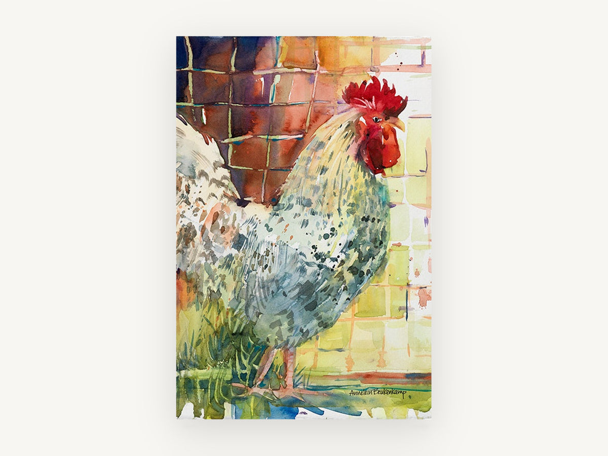 Speckled Rooster Profile, speckled rooster watercolour portrait, animal canvas wall art print, front view