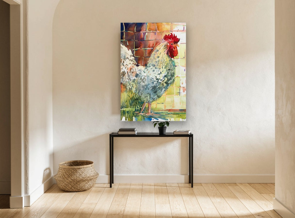Speckled Rooster Profile animal canvas print on the wall of a hallway