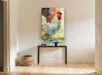 Speckled Rooster Profile animal canvas print on the wall of a hallway