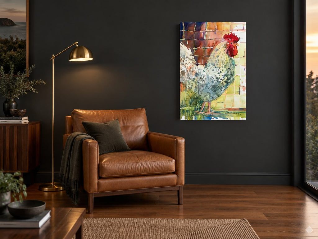 Speckled Rooster Profile animal canvas print on the wall of a charcoal living room