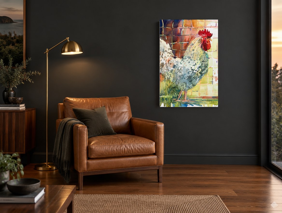 Speckled Rooster Profile animal canvas print on the wall of a charcoal living room