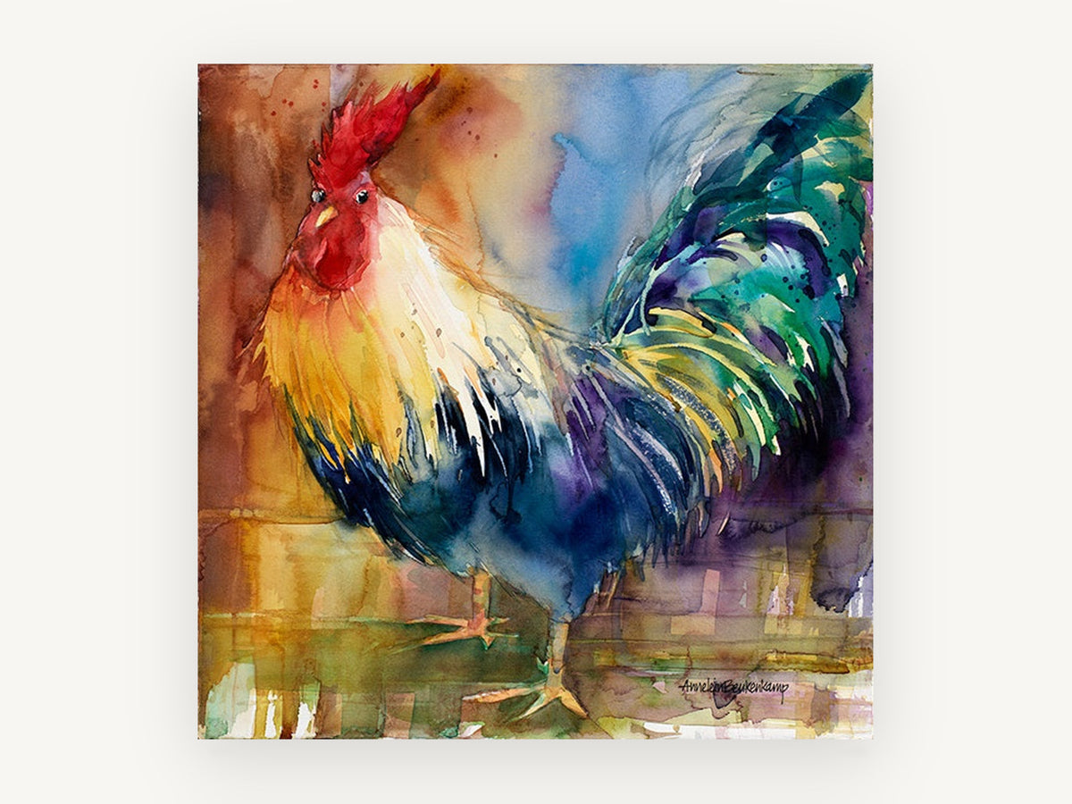Rainbow Plumage Rooster, colourful rooster watercolour portrait, animal canvas wall art print, front view