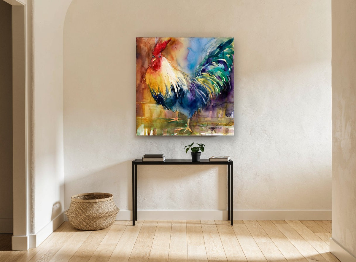 Rainbow Plumage Rooster animal canvas print on the wall of a hallway