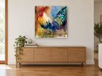 Rainbow Plumage Rooster animal canvas print on the wall of a living room above a sideboard