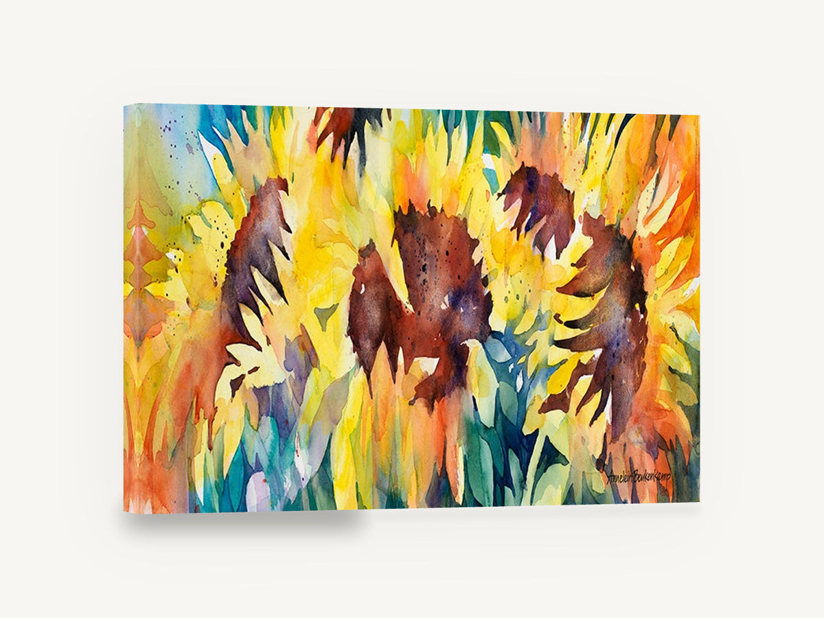 Sunflower Trio Glow, sunflowers watercolour floral yellow orange, floral canvas wall art print ready to hang