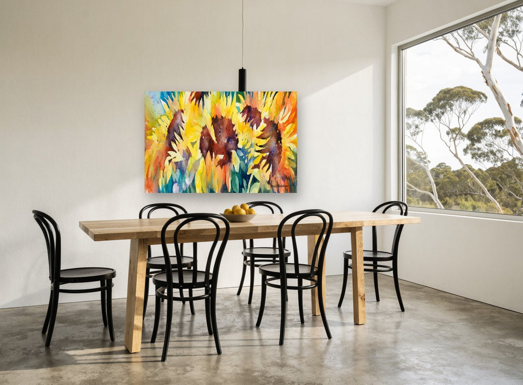 Sunflower Trio Glow floral canvas print on the wall of a dining room